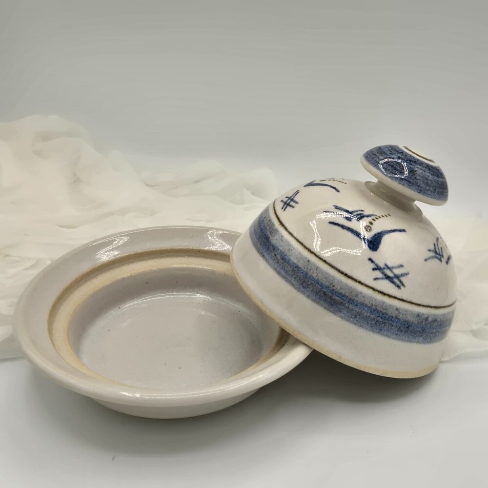 Handmade Pottery Butter Dish, Large Round Plate With Lid, Blue Abstract Paint